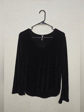 Women’s Black Velvet V-Neck Long Sleeve Top Poof Large